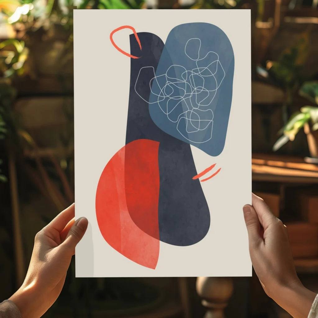Bold red and navy blue geometric shapes on cream in Insigne Aluminum Prints
