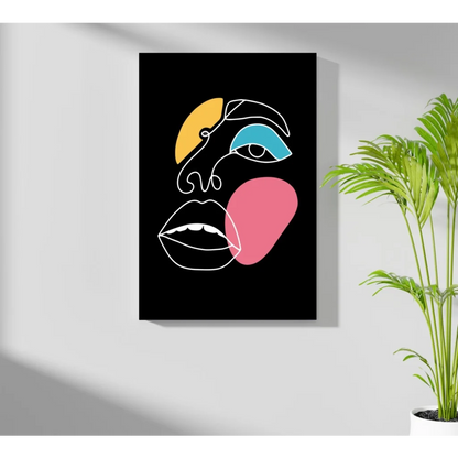 Bold geometric face on black canvas in Insigne Aluminum Prints