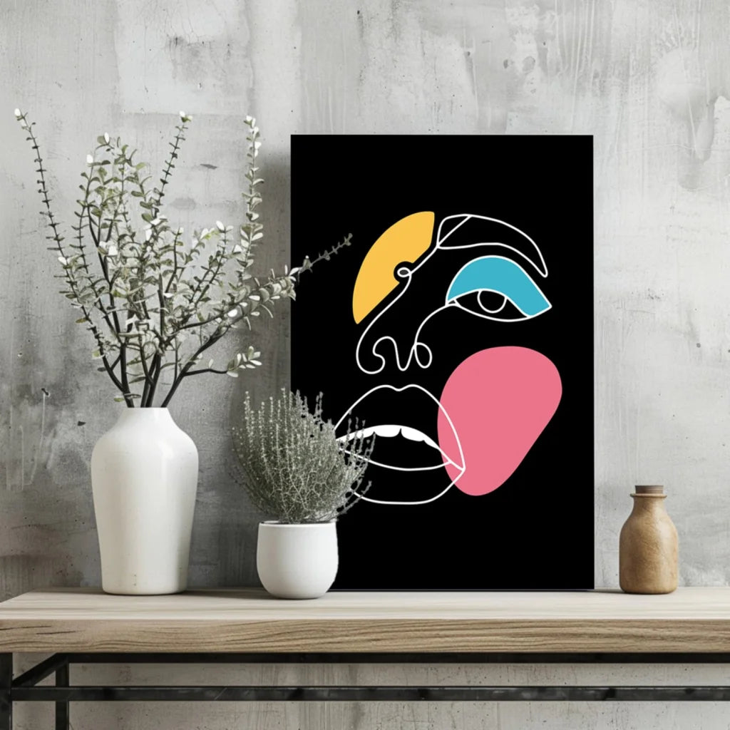 Bold geometric face on insigne aluminum print in yellow teal pink