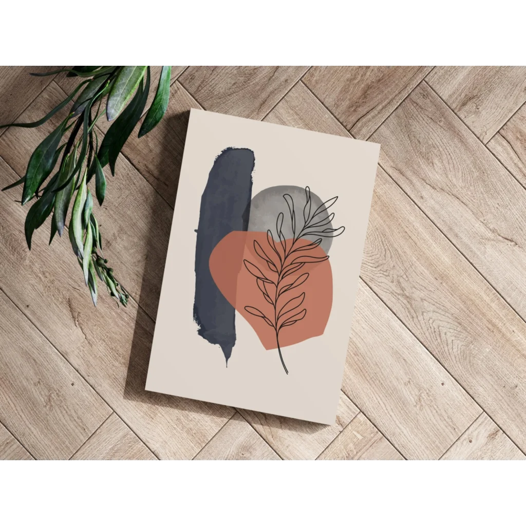 Beige insigne aluminum print with navy, gray, terracotta brushstrokes and minimalist black foliage