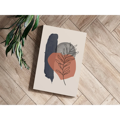 Beige insigne aluminum print with navy, gray, terracotta brushstrokes and minimalist black foliage