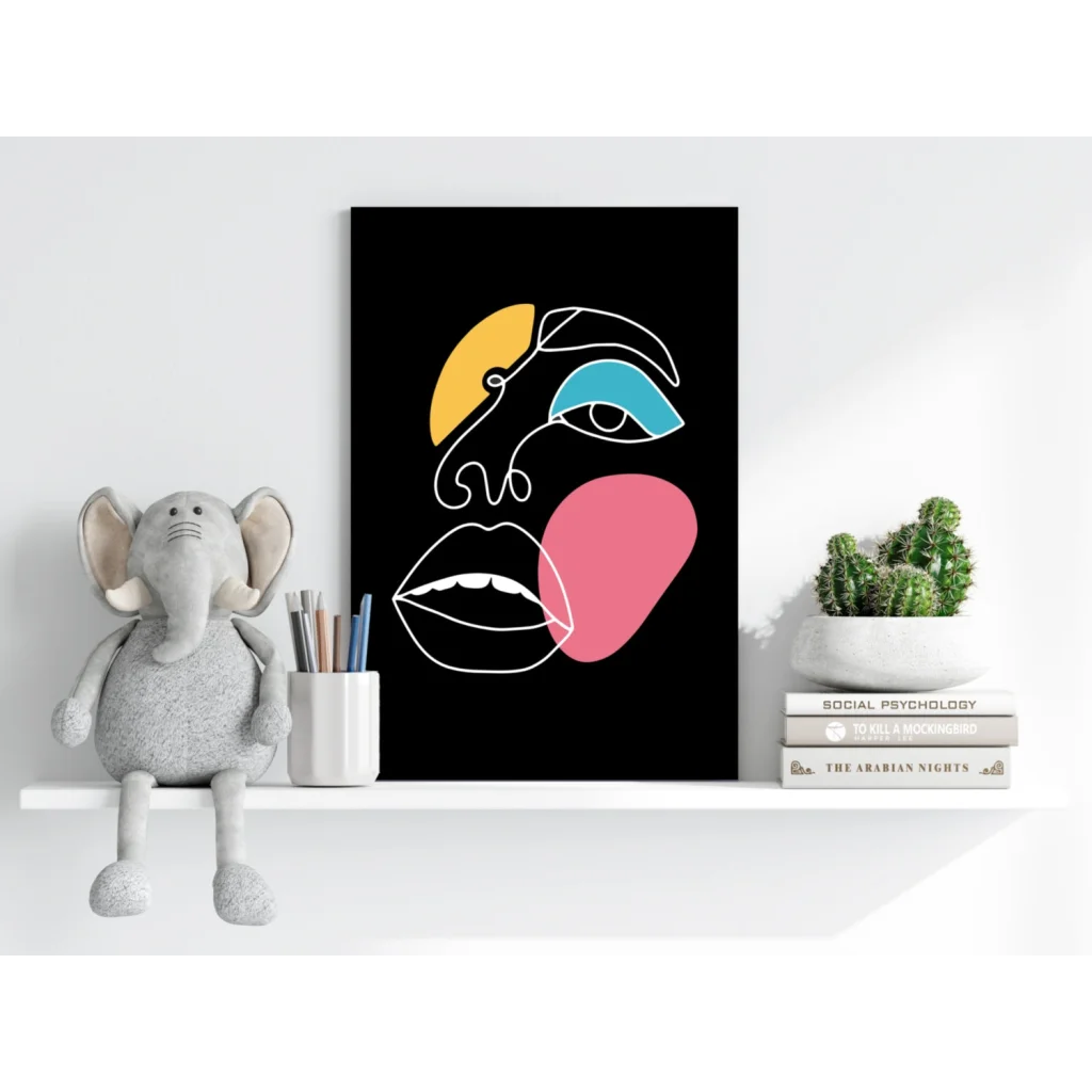 Bold geometric face on black canvas, insigne aluminum prints