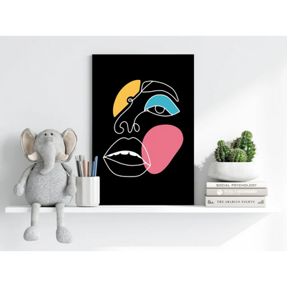 Bold geometric face on black canvas, insigne aluminum prints