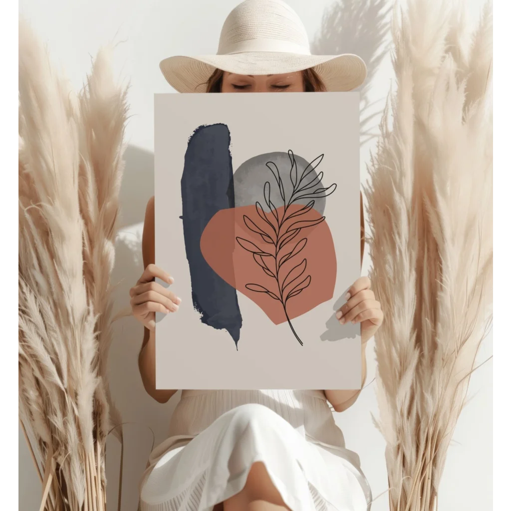 Bold abstract leaf on insigne aluminum print in navy, gray, terracotta