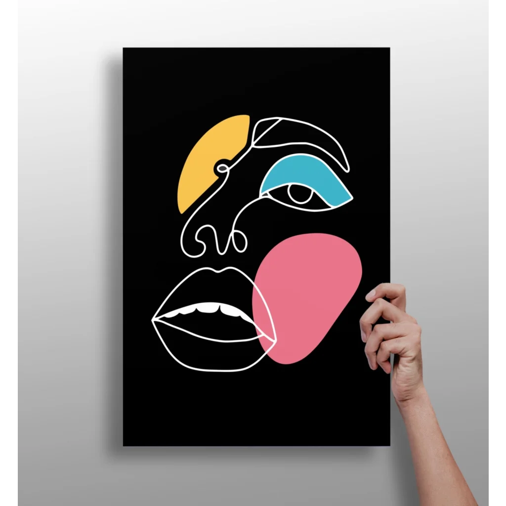 Bold geometric face on insigne aluminum print in yellow, blue, pink