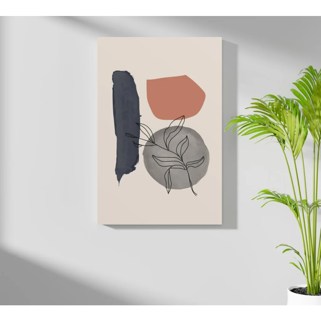 Beige abstract art on insigne aluminum print with blue stroke and terracotta oval