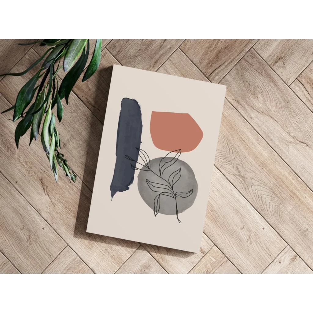 Modern insigne aluminum print with bold geometric shapes in navy, terracotta, and gray on cream background