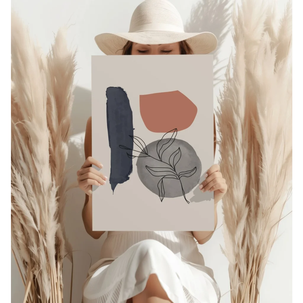 Minimalist navy blue brushstroke insigne aluminum print with terracotta oval