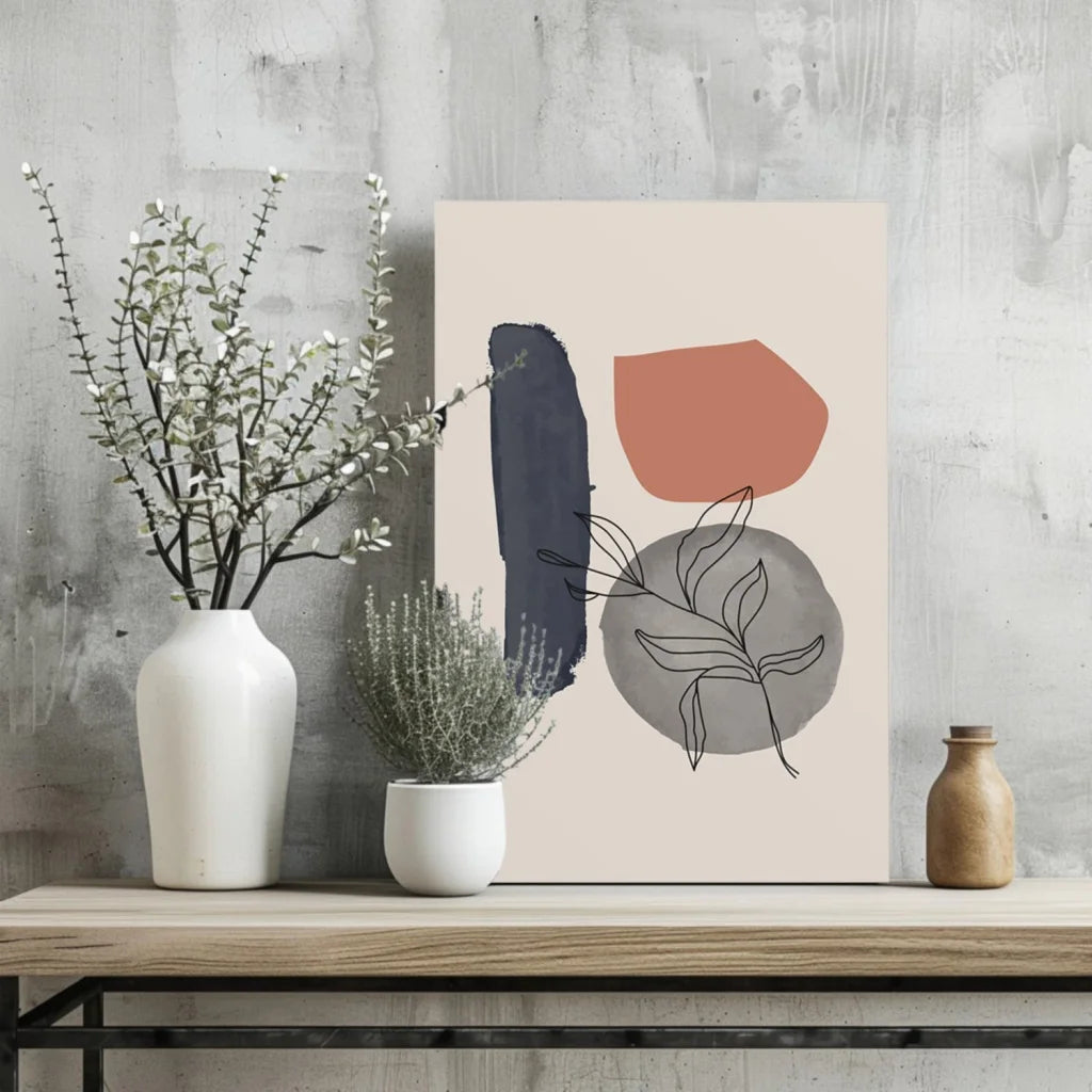 Minimalist insigne aluminum print with bold geometric shapes in terracotta, gray, black on beige