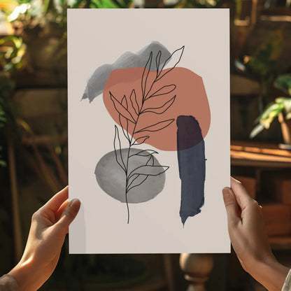 Minimalist botanical line art insigne aluminum print with leaves on watercolor background