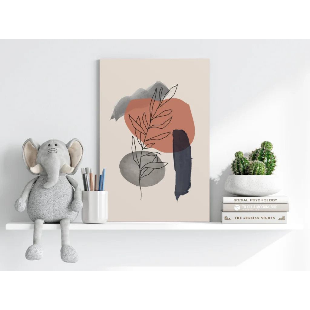 Beige botanical line art on Insigne aluminum print with orange gray circles