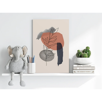 Beige botanical line art on Insigne aluminum print with orange gray circles