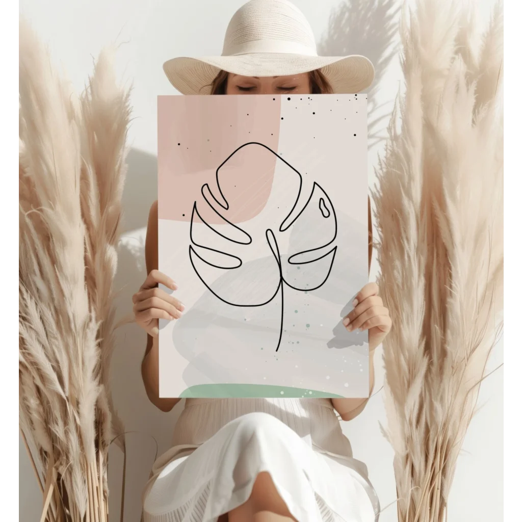 Minimalist monochrome monstera leaf line drawing on pastel gradient for insigne aluminum prints