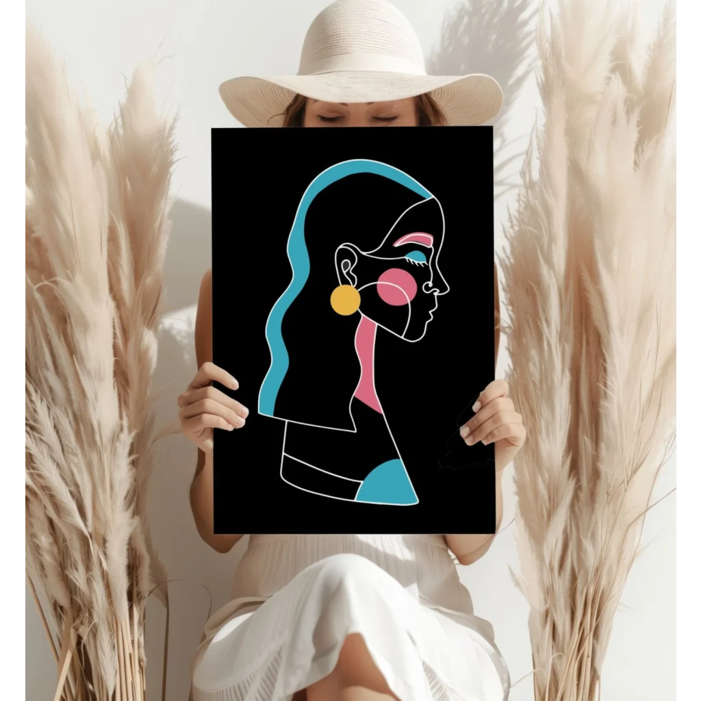 Stylized female profile on insigne aluminum prints in teal, pink, yellow shapes