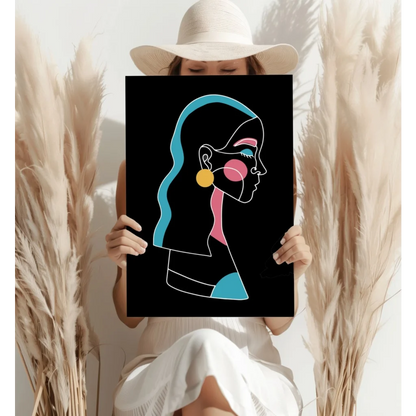 Stylized female profile on insigne aluminum prints in teal, pink, yellow shapes