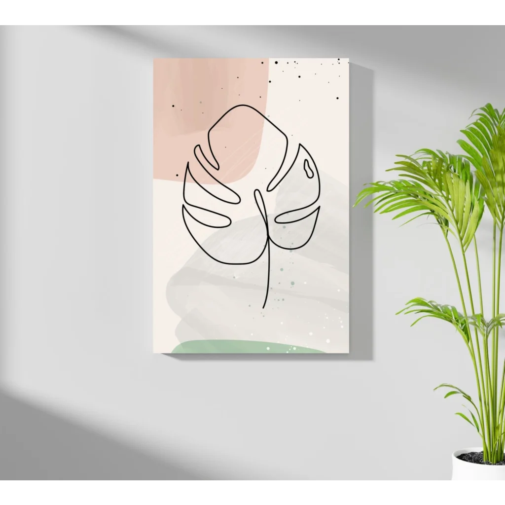 Minimalist black line-art monstera leaf on pastel pink cream green insigne aluminum prints