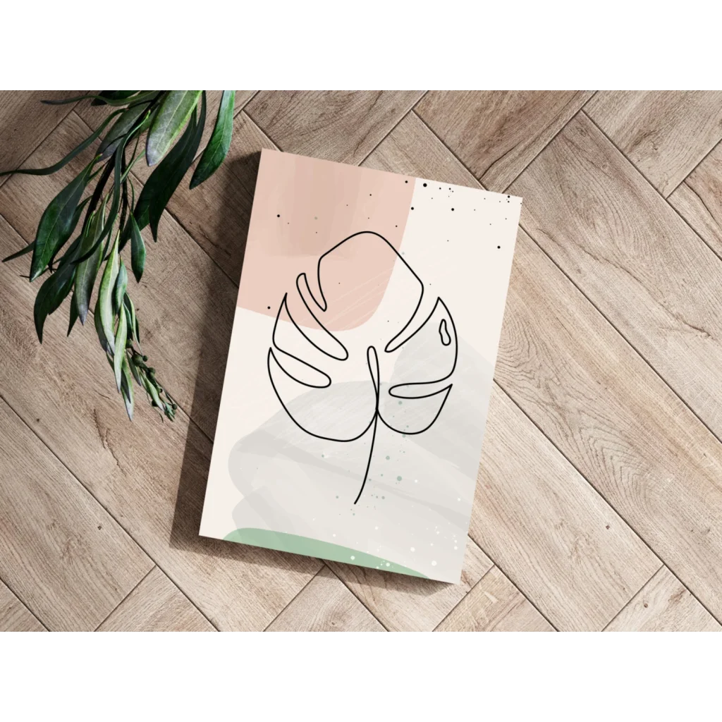 Minimalist black line-art monstera leaf on pastel pink, cream, mint green backgrounds in Insigne Aluminum Prints
