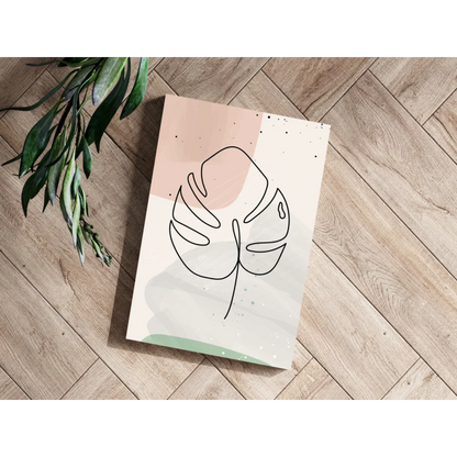 Minimalist black line-art monstera leaf on pastel pink, cream, mint green backgrounds in Insigne Aluminum Prints