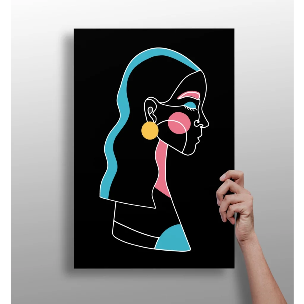 Stylized woman profile on black canvas in insigne aluminum prints