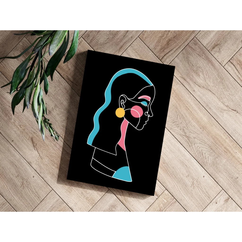 Stylized woman profile on black canvas with vivid colors in insigne aluminum prints
