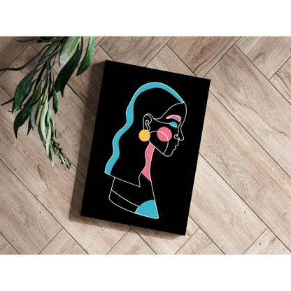 Stylized woman profile on black canvas with vivid colors in insigne aluminum prints