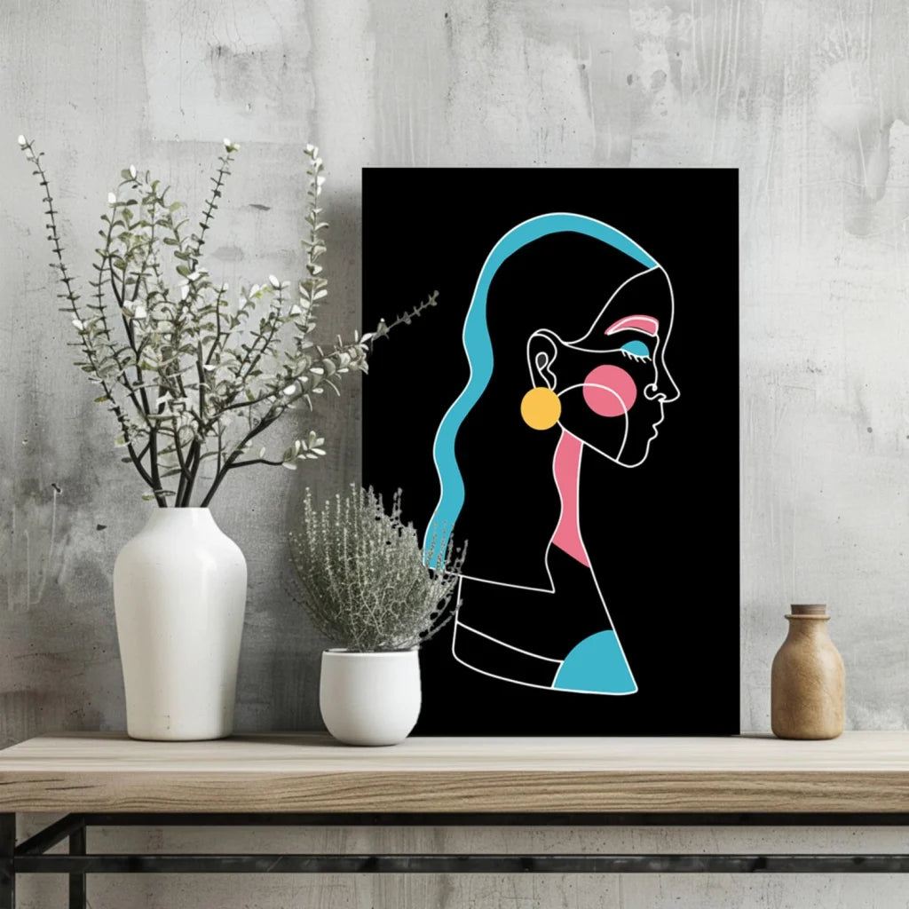 Insigne aluminum prints: stylized woman’s profile in teal, pink, yellow on black