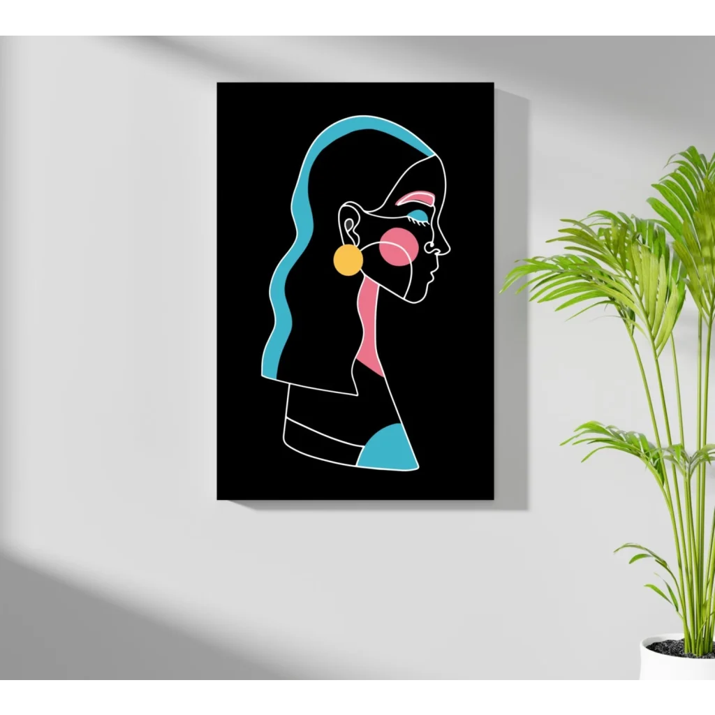 Stylized abstract woman portrait in neon blue pink on insigne aluminum prints vivid colors