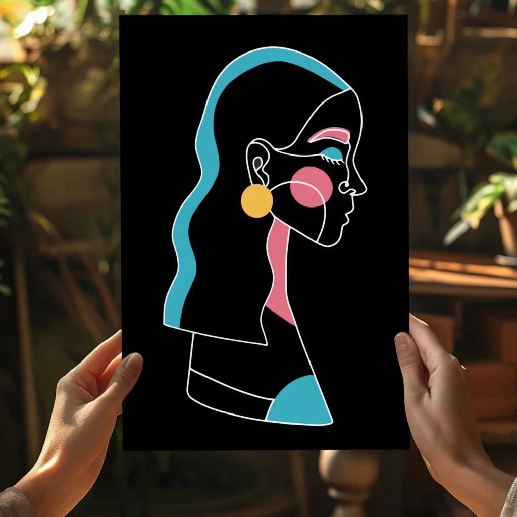 Stylized line art portrait on Insigne aluminum prints with turquoise and pink accents