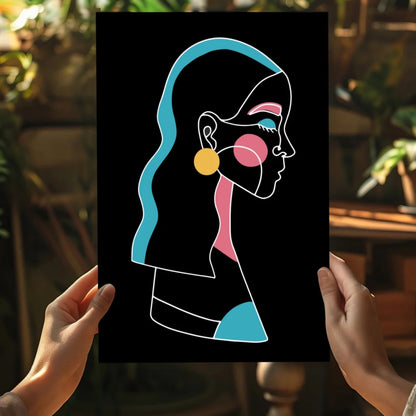 Stylized line art portrait on Insigne aluminum prints with turquoise and pink accents