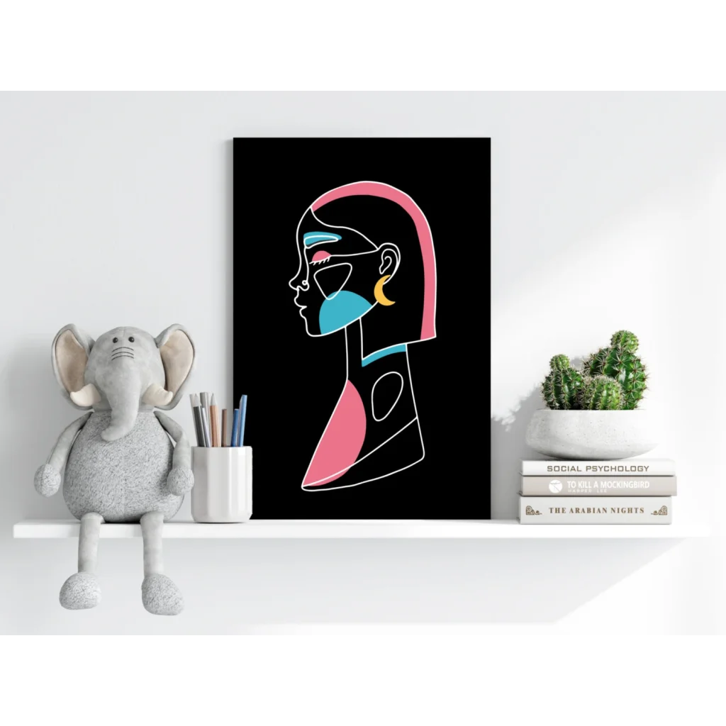 Vibrant abstract female portrait on Insigne aluminum prints, pink teal yellow shapes