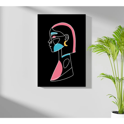 Vibrant abstract female portrait on Insigne aluminum prints, pink teal yellow on black