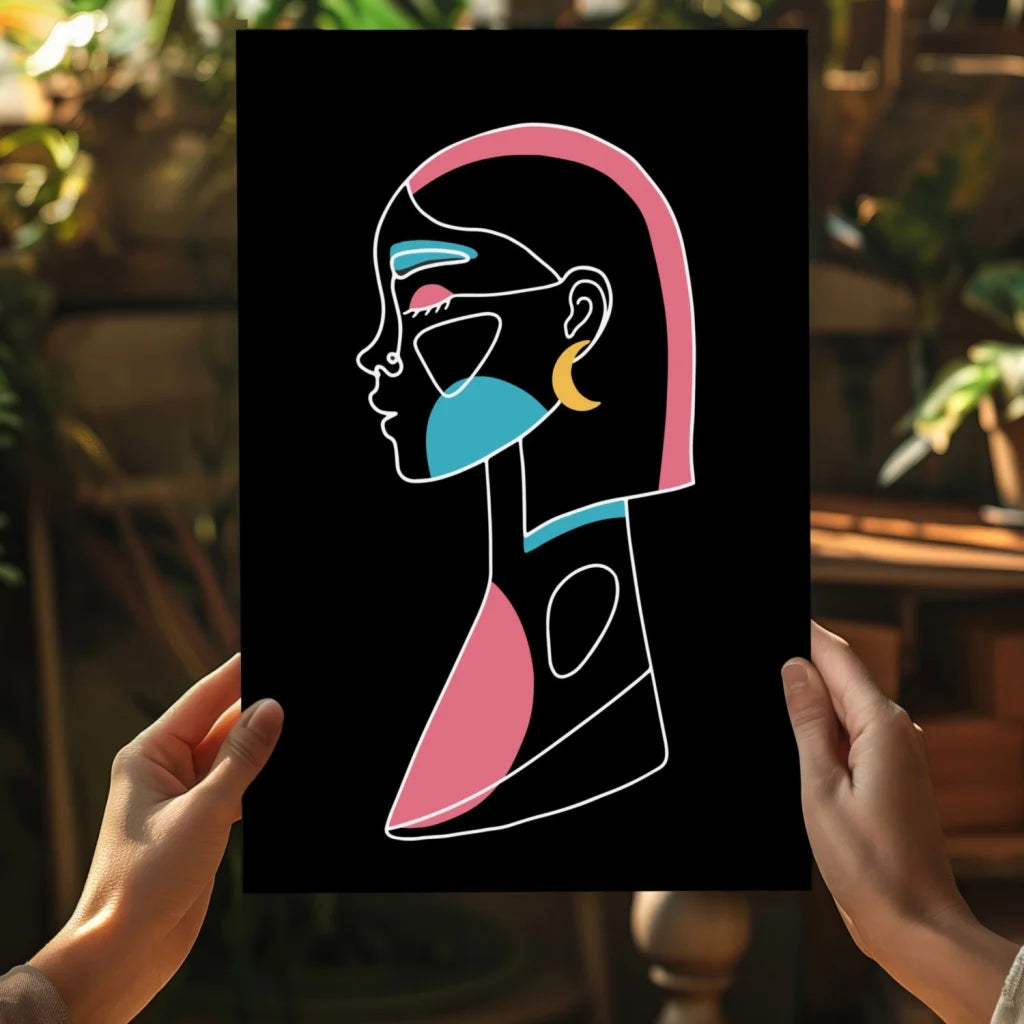 Vibrant abstract woman profile in pink teal yellow on black insigne aluminum print