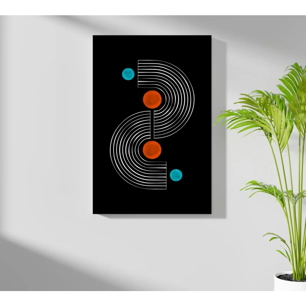Insigne aluminum print of black canvas with white arcs, orange circles, teal dots
