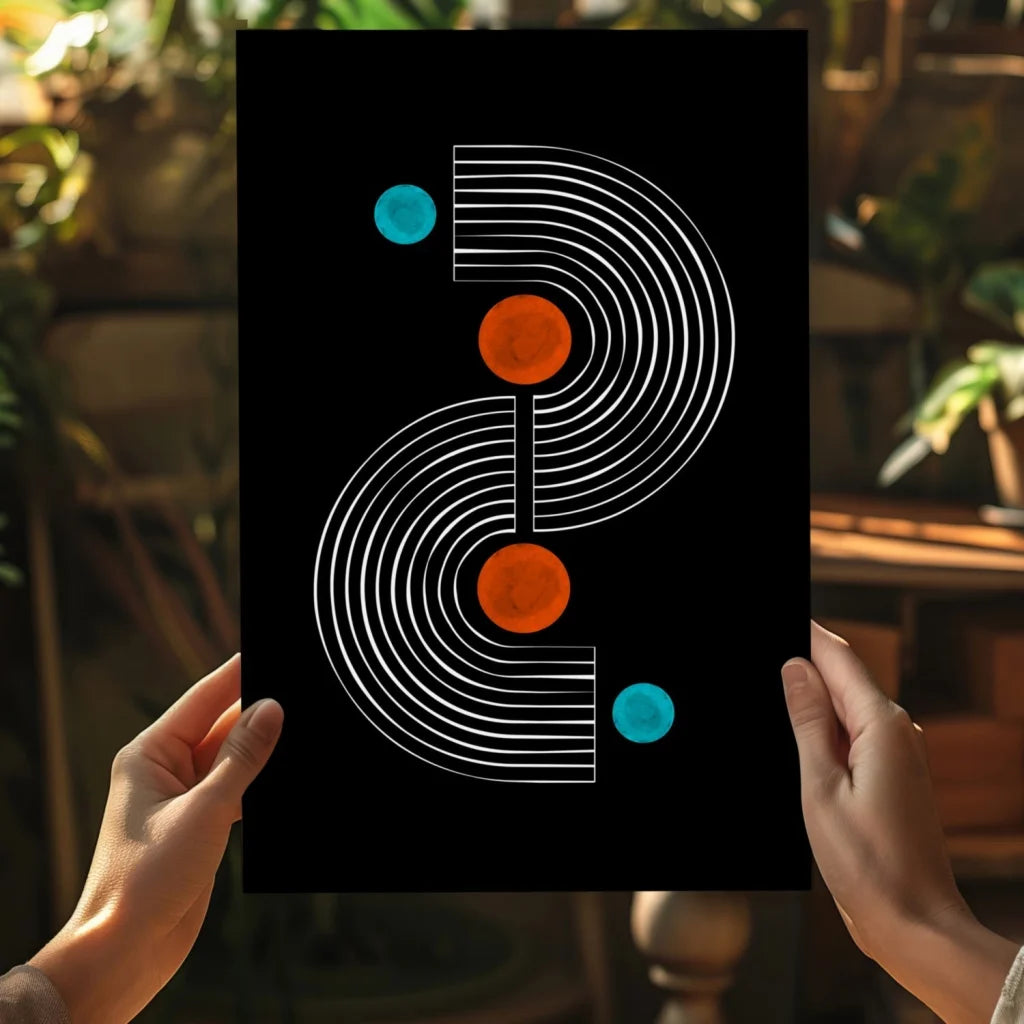 Insigne aluminum print of black abstract art with white curve and orange teal accents