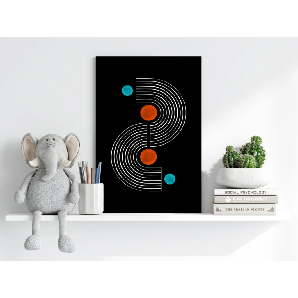 Insigne aluminum print with black abstract geometric arcs, orange circles, teal dots
