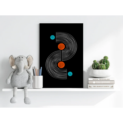 Insigne aluminum print with black abstract geometric arcs, orange circles, teal dots