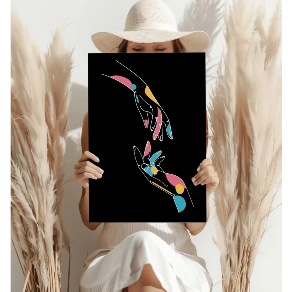 Vibrant abstract hands on Insigne aluminum prints in pink, yellow, blue