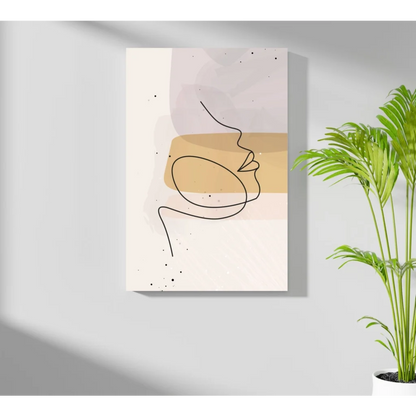 Minimalist black line woman profile on beige gold shapes, insigne aluminum print