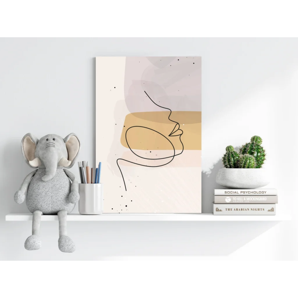 Minimalist face line art on insigne aluminum print in beige gold shapes