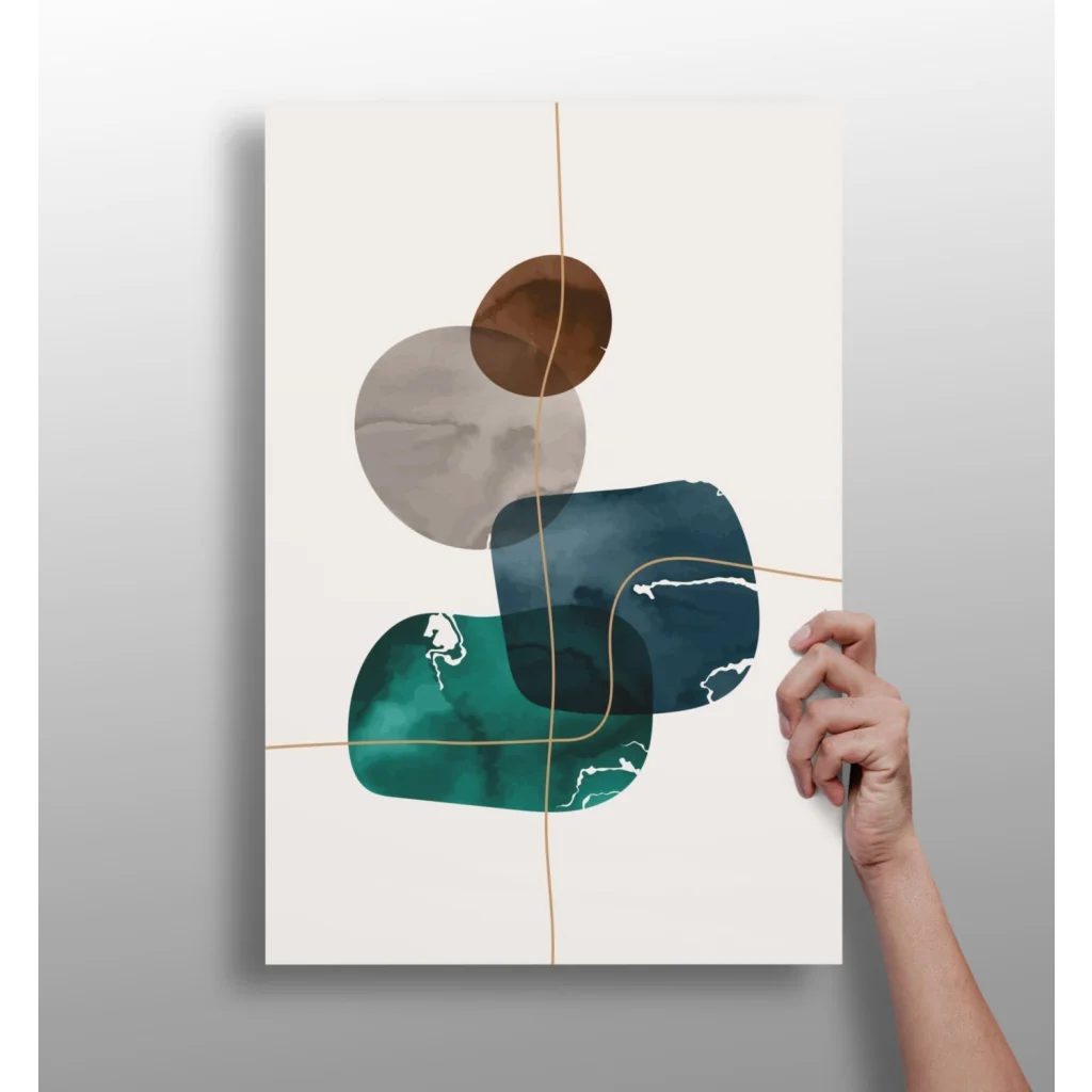 Modern insigne aluminum prints with teal bronze circles and abstract shapes