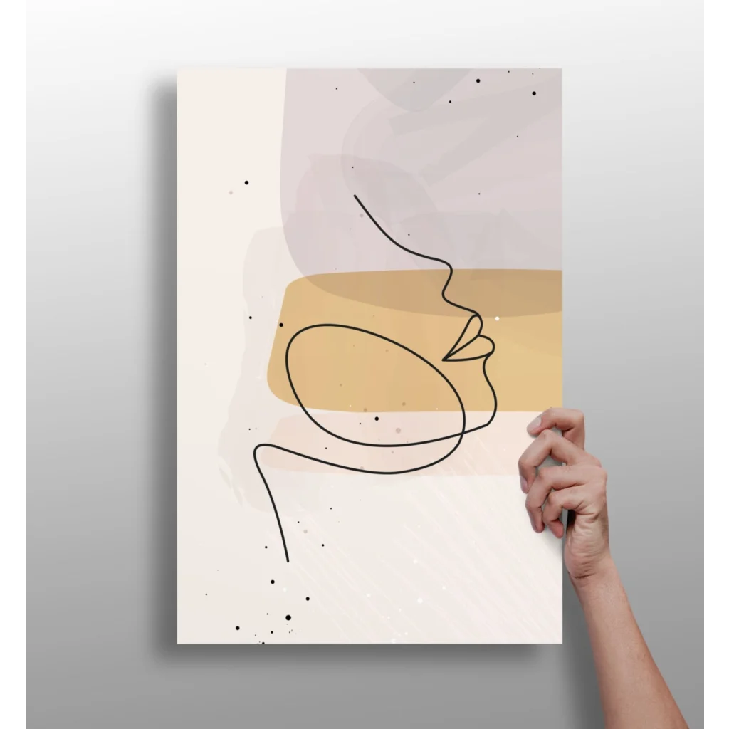 Minimalist face line art on insigne aluminum prints in beige gold shapes