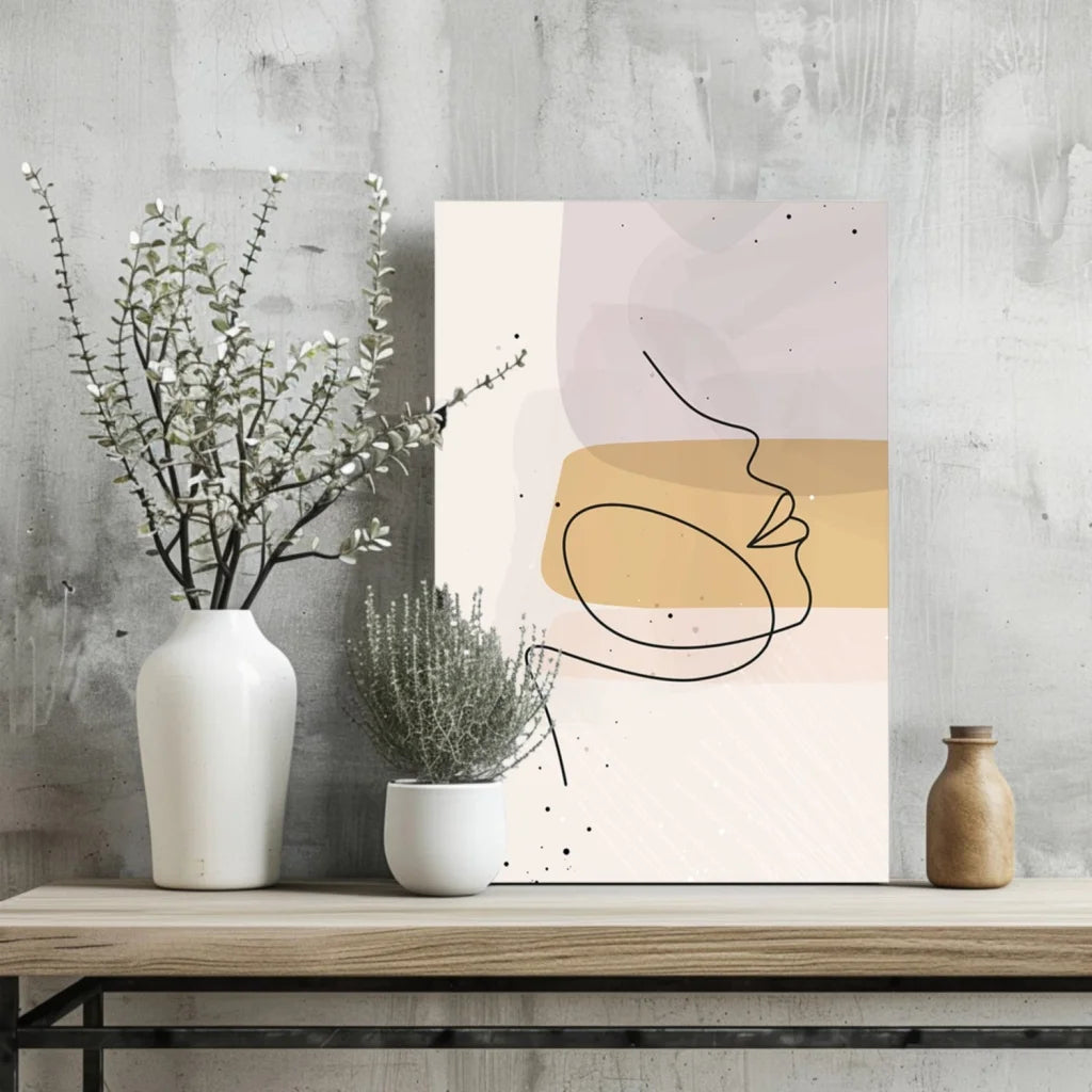 Minimalist face line art on insigne aluminum prints in pastel pink beige blocks