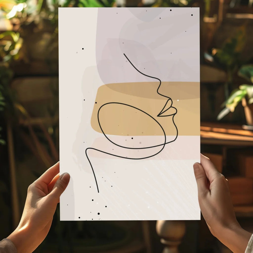 Minimalist woman profile line art on insigne aluminum prints in beige lavender