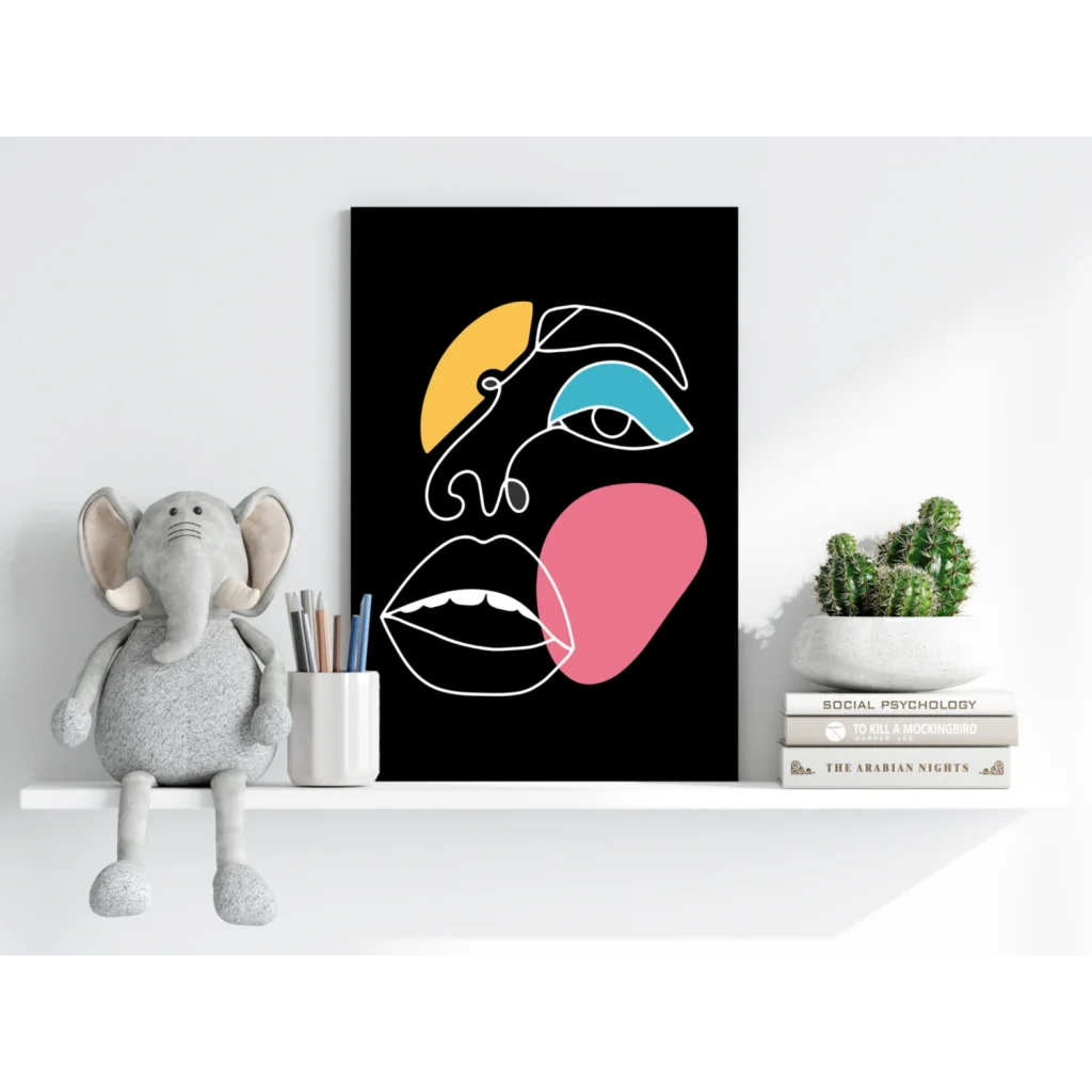 Bold abstract face on insigne aluminum print with yellow, blue, pink shapes