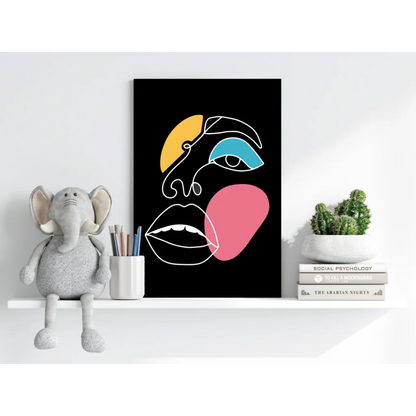 Bold abstract face on insigne aluminum print with yellow, blue, pink shapes