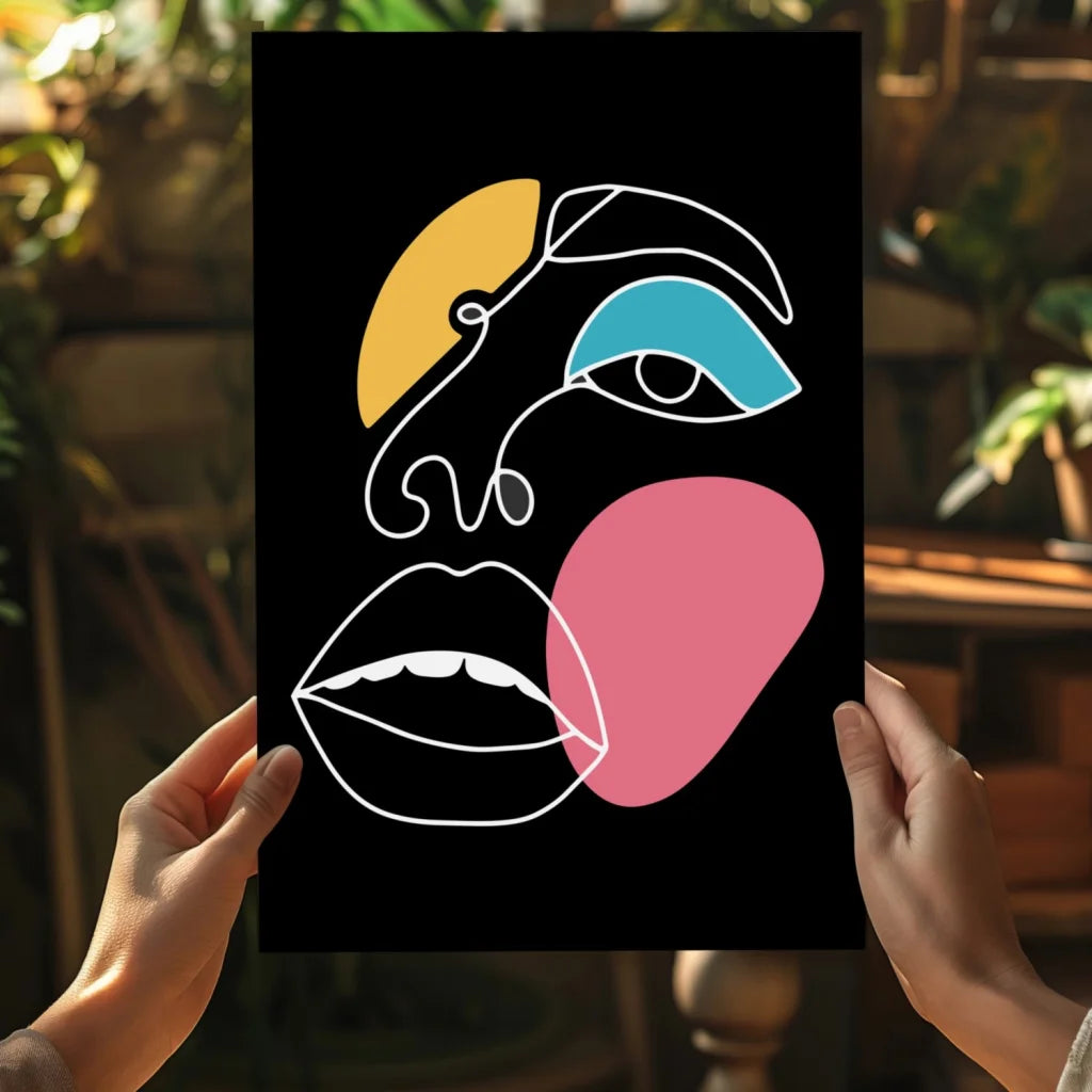Bold Abstract Face Insigne Aluminum Print with vibrant geometric shapes