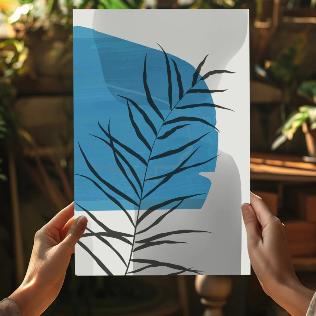 Minimalist black palm frond on blue-white background, Insigne aluminum print