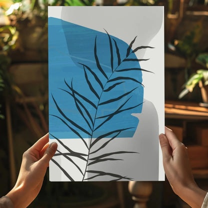 Minimalist black palm frond on blue-white background, Insigne aluminum print