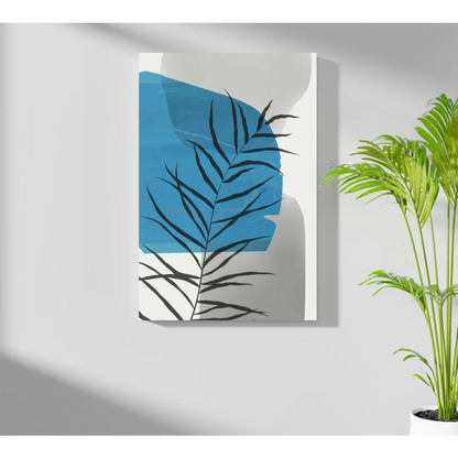 Insigne aluminum prints with bold blue and white geometric shapes and black palm fronds