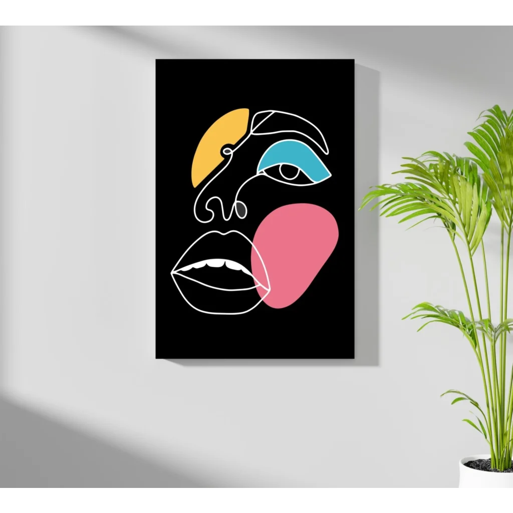 Bold abstract face on insigne aluminum print with yellow, blue, pink shapes